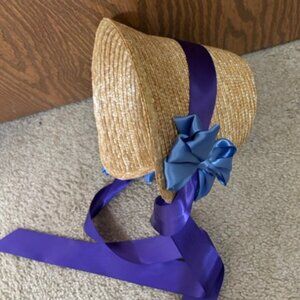 Regency Bridgerton Austen straw bonnet - blue bows, customizable ribbon